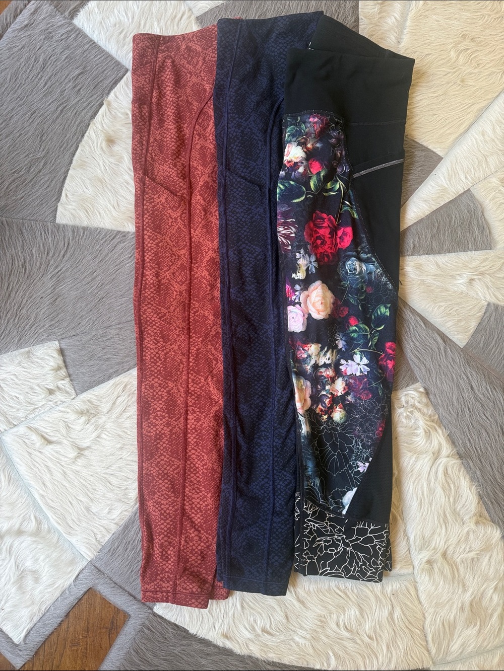 Athleta Three-Pair Legging Bundle — Rust, Navy, Black Floral